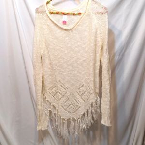 No Boundaries white open knit fringe sweater